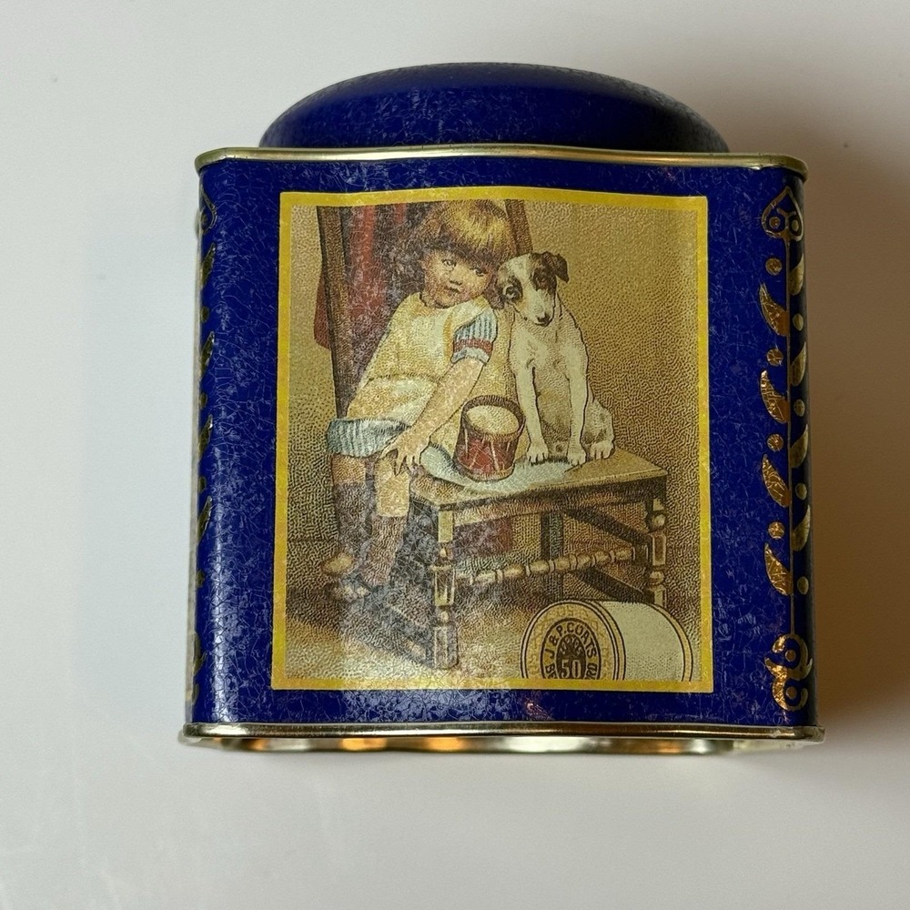Vintage Clark's O.N.T. Spool Cotton Tin Blue Gold Advertising Sewing Can‎